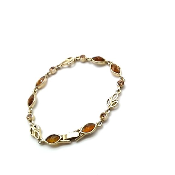 VTG Citrine & Amber Colored Faceted Rhinestone Gold-tone Leaves Link Bracelet - Picture 4 of 13